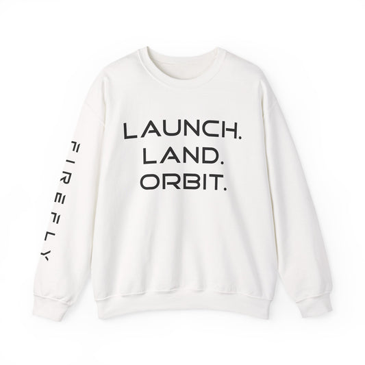 An off-white crewneck sweatshirt with 'LAUNCH. LAND.