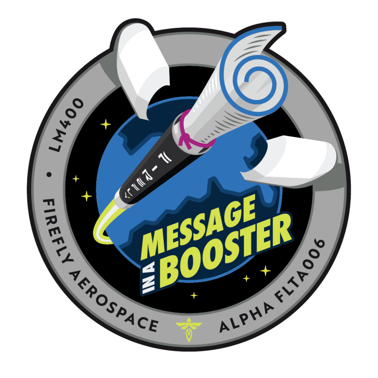 A colorful patch featuring an embroidered rocket and the text 'MESSAGE IN A BOOSTER' along with the logos of Firefly Aerospace and Alpha FLTA006.