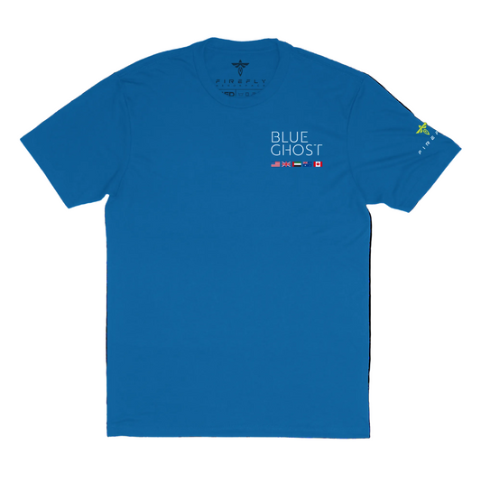 Blue t-shirt with 'Blue Ghost' text and logos on a white background