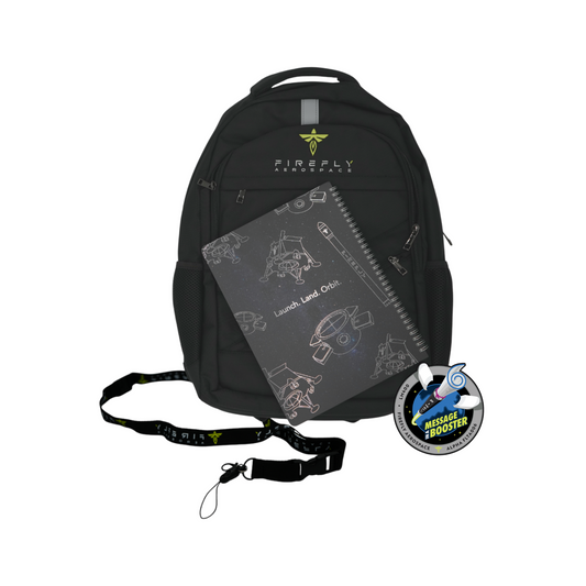 Firefly-Aerospace-Bundle-Pack-Backpack-Commuter-Firefly-Logo-Front-Black-Lanyard-Notebook-FLTA006-Flight-Patch-Message-In-A-Bottle