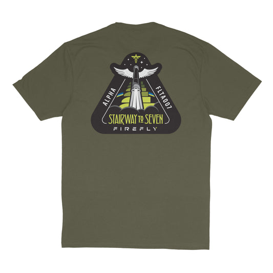 Green t-shirt with a graphic design on the back on a white background