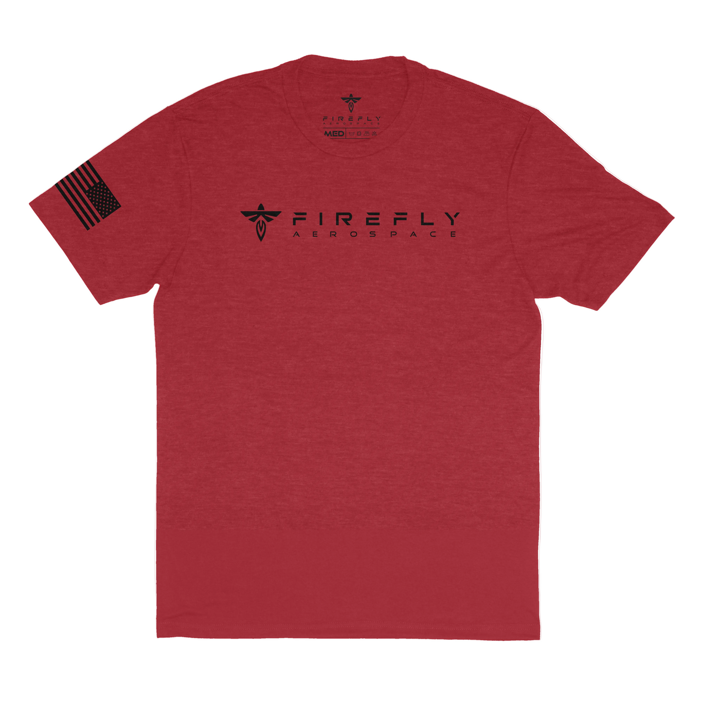 Red t-shirt with black graphic design on a white background