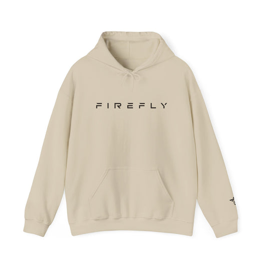 Beige hoodie with text design on a white background