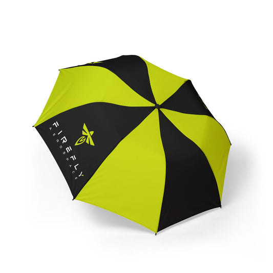 A folding umbrella with alternating black and bright lime green panels, featuring the 'FIREFLY AIRPORT' logo printed in lime green on one of the black panels, shown on a clean white background.