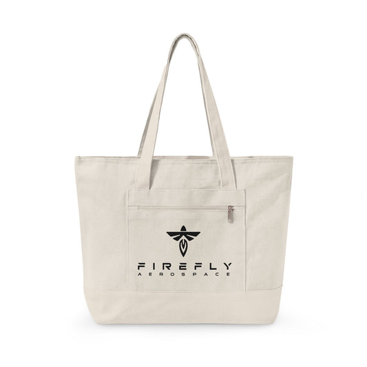 Beige tote bag with Firefly Aerospace logo on a white background
