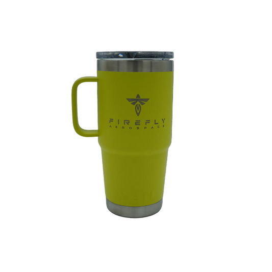 Yellow travel mug with a handle and 'Firefly' logo on a white background