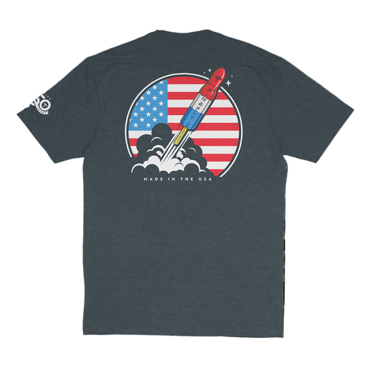 Gray t-shirt with a graphic of a rocket and American flag on the back, on a white background.