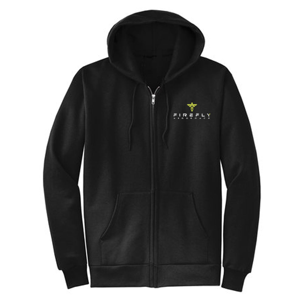 A black full-zip hooded sweatshirt with a small logo on the front, featuring two front pockets and a metal zipper. Firefly aerospace hoodie.