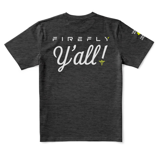 A gray Firefly Y'all t-shirt with the brand name 'Firefly' and the phrase 'Y'all!' screenprinted on the back. The t-shirt is displayed in an upright position showcasing the back design. For firefly aerospace.