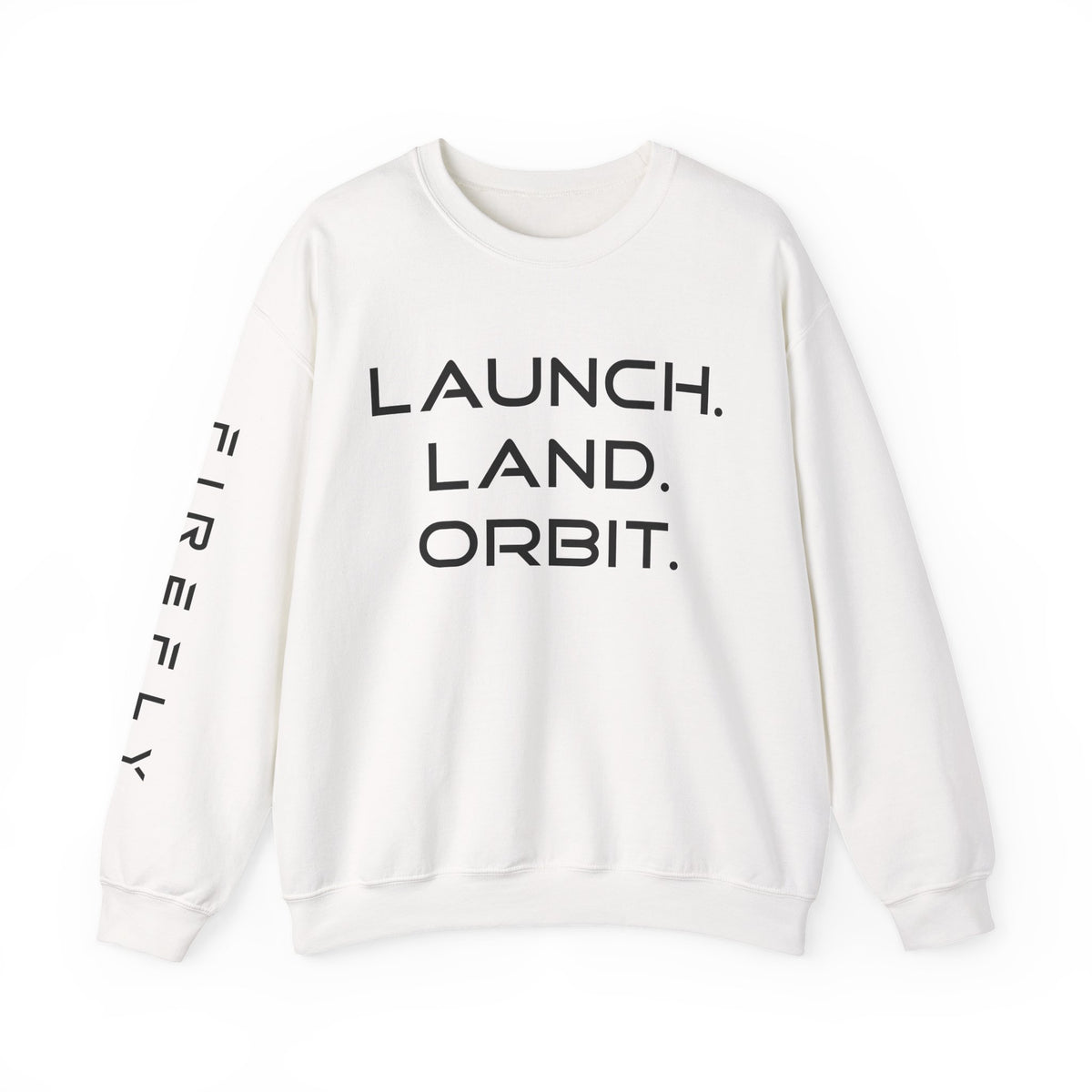 An off-white crewneck sweatshirt with 'LAUNCH. LAND.