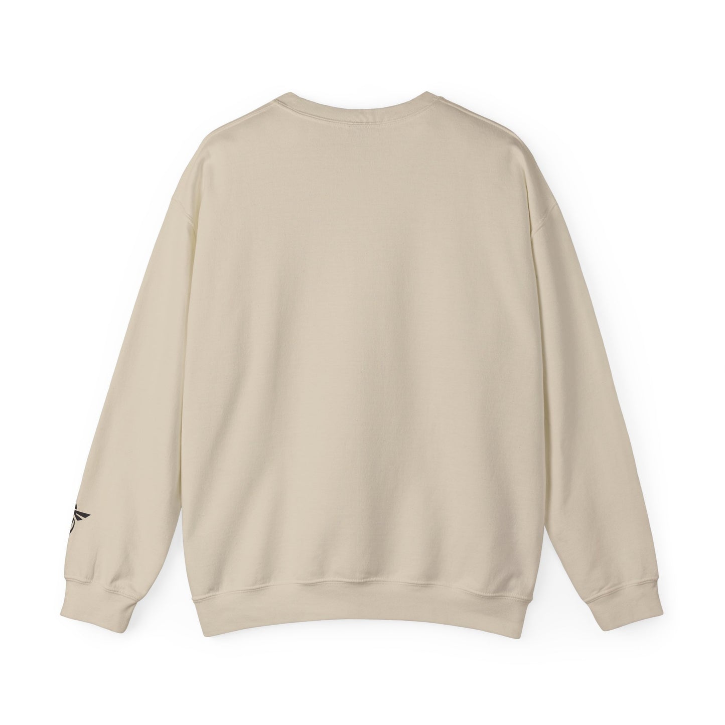 Beige sweatshirt with a small red logo on the back against a white background