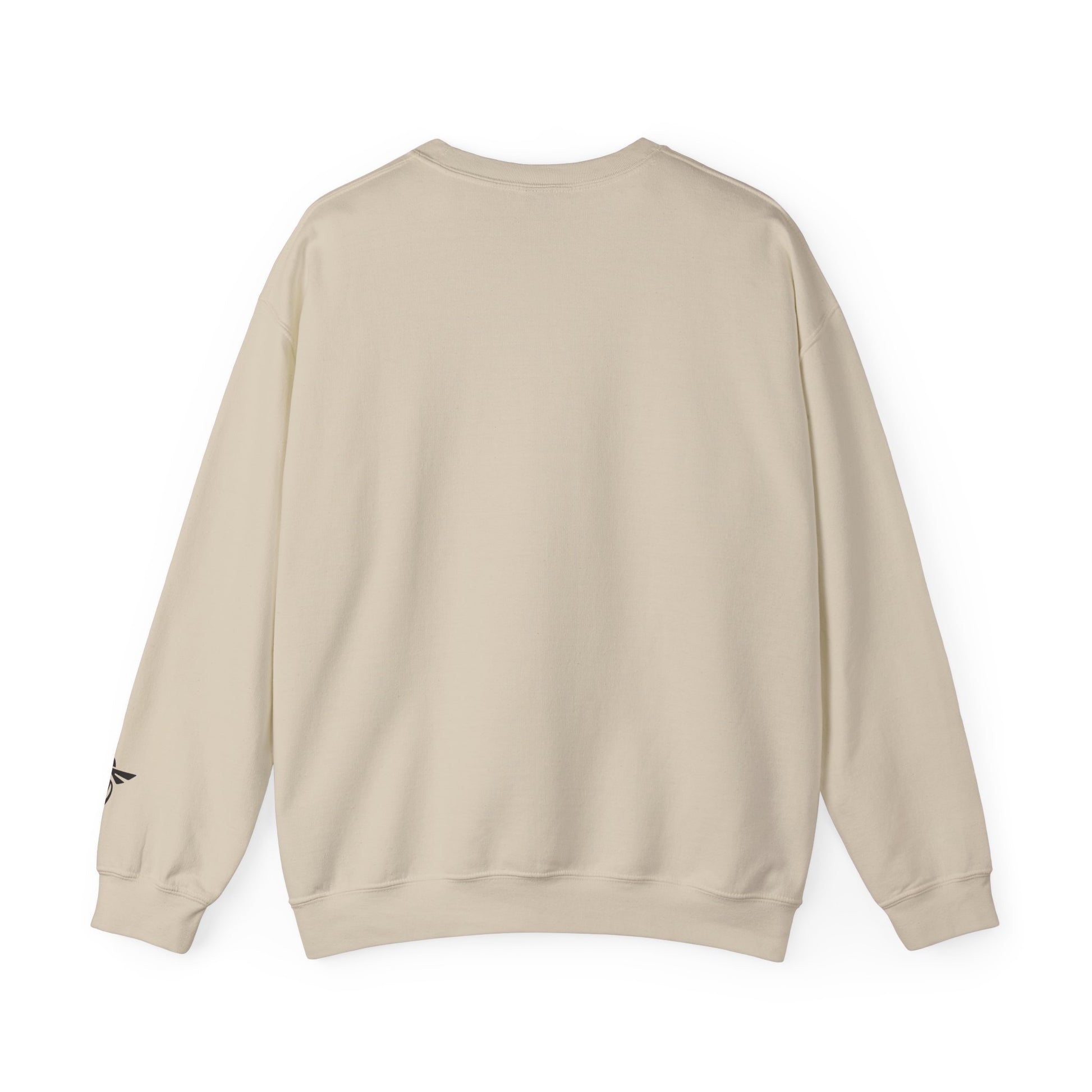 Beige sweatshirt with a small red logo on the back against a white background