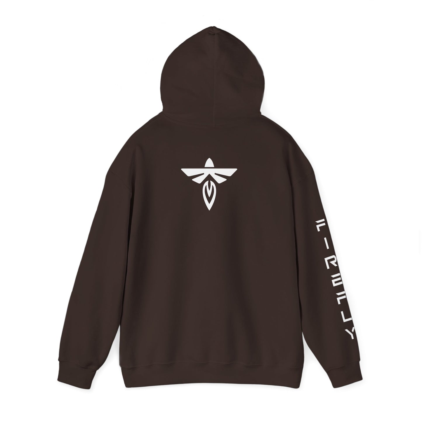 Brown hoodie with 'FOCUS' and 'SPORTSWEAR' text on the back against a white background