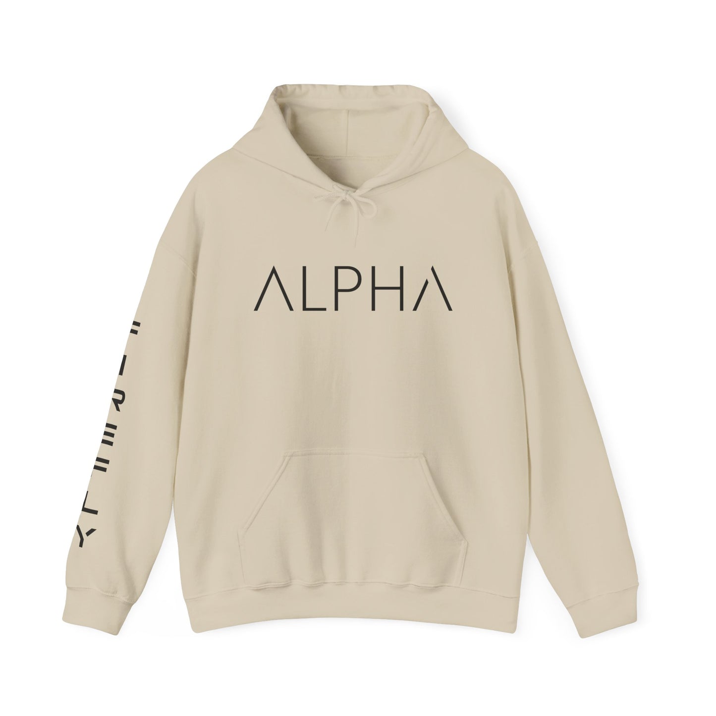 A beige pullover hoodie with 'ALPHA' printed in black sans-serif letters across the chest and additional black text printed vertically down the right sleeve, shown against a plain white background.