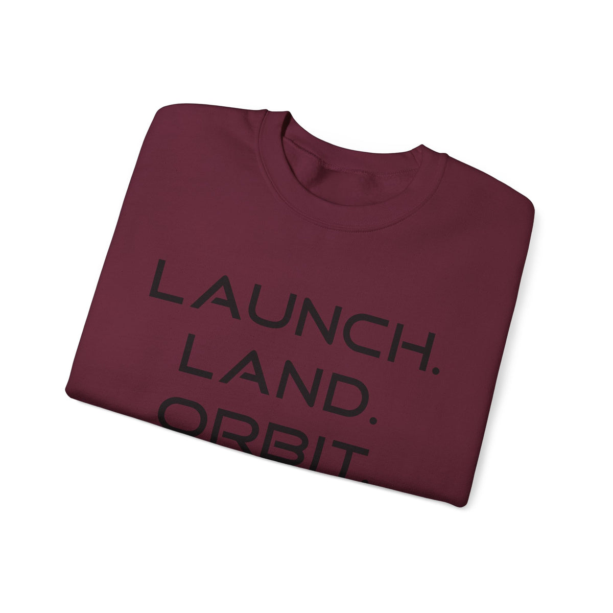 Folded maroon sweatshirt with text on a white background