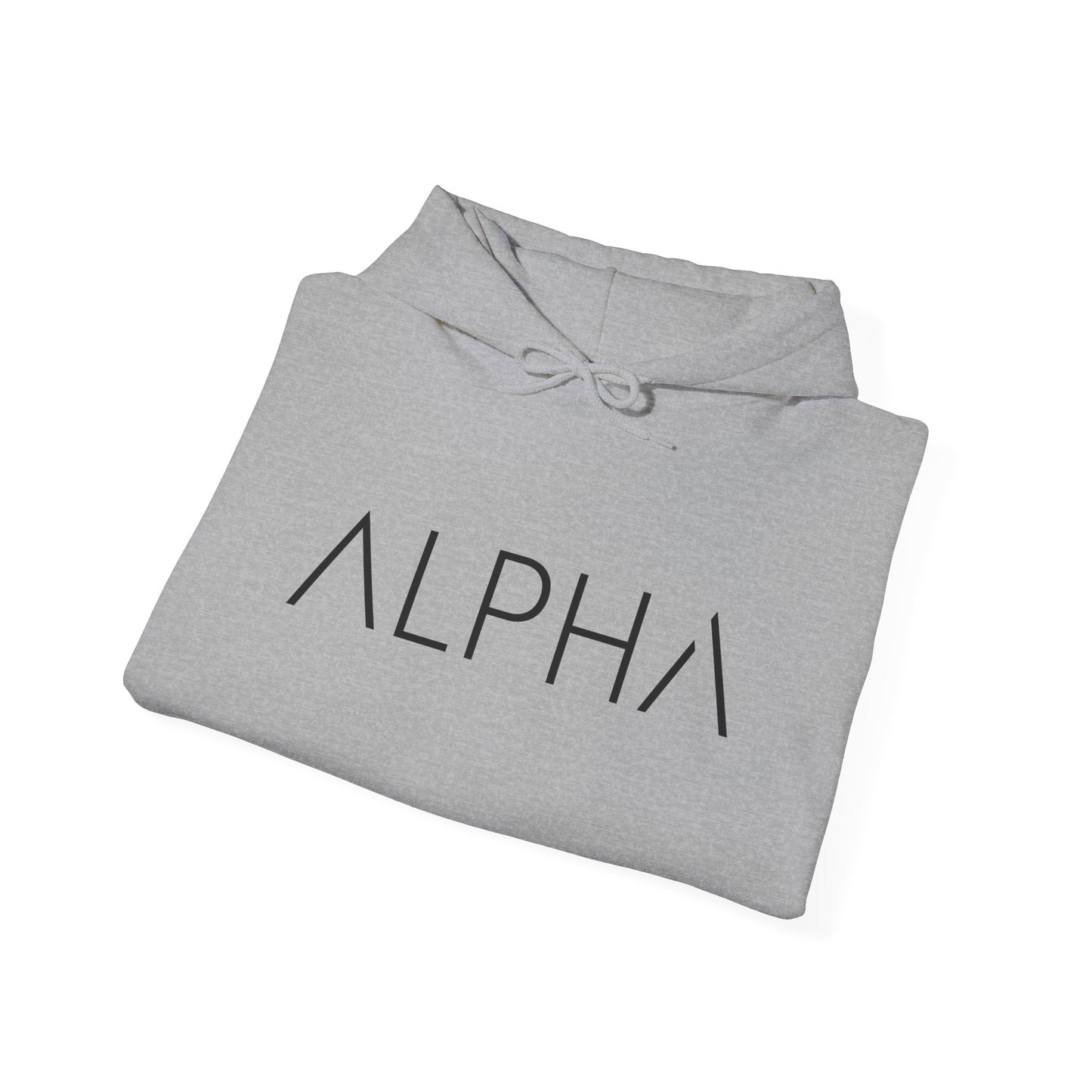A folded light gray hoodie with the word 'ALPHA' printed in black across the chest, shown on a plain white background.