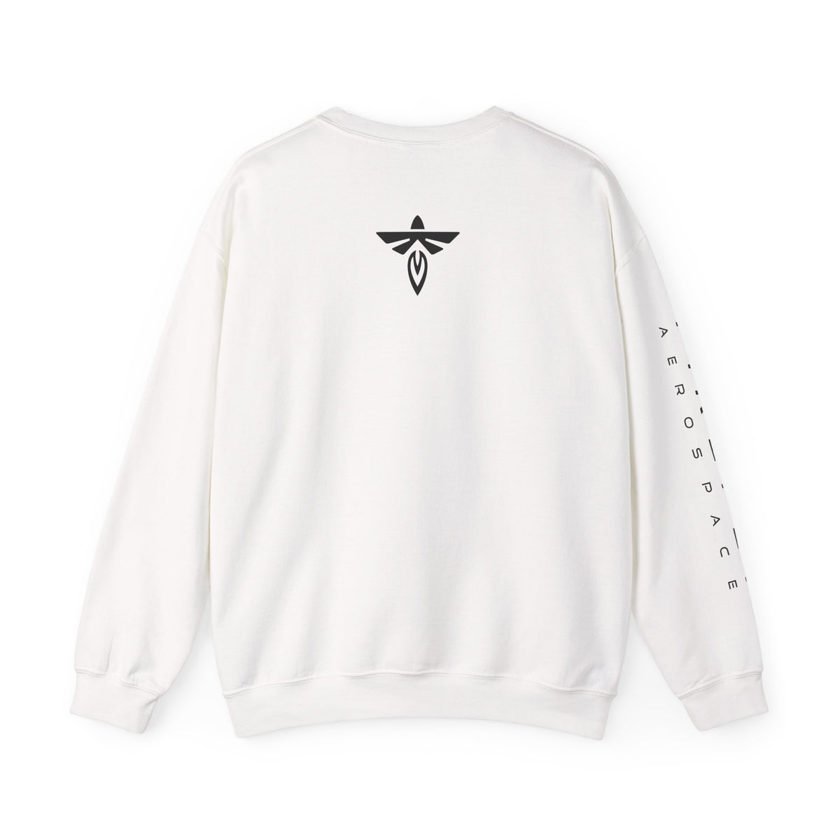 White long-sleeve crewneck sweatshirt shown from the back, featuring a black winged emblem centered on the upper back and vertical black text printed down one sleeve.