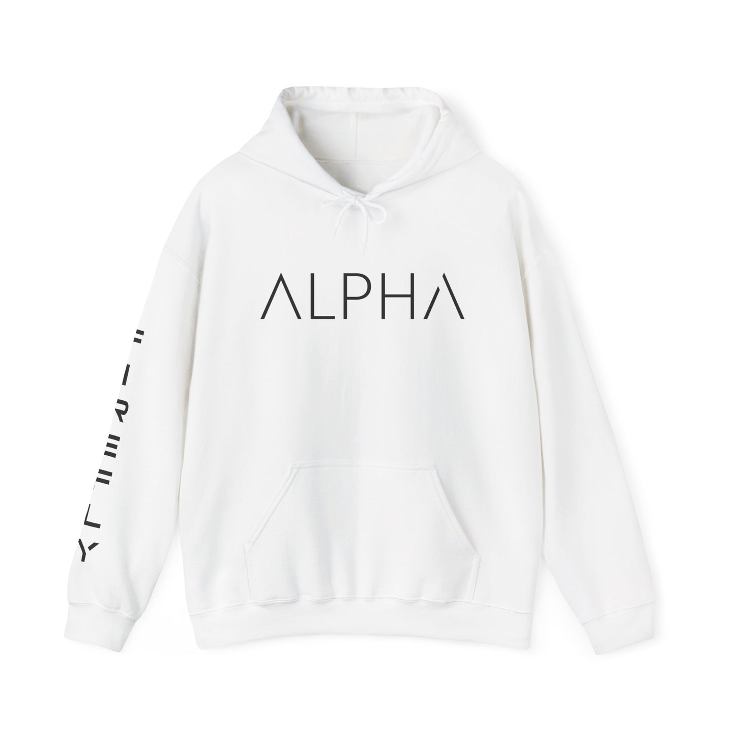 A white pullover hoodie with 'ALPHA' printed in black geometric letters across the chest and additional black text printed vertically down the right sleeve, shown on a plain white background.