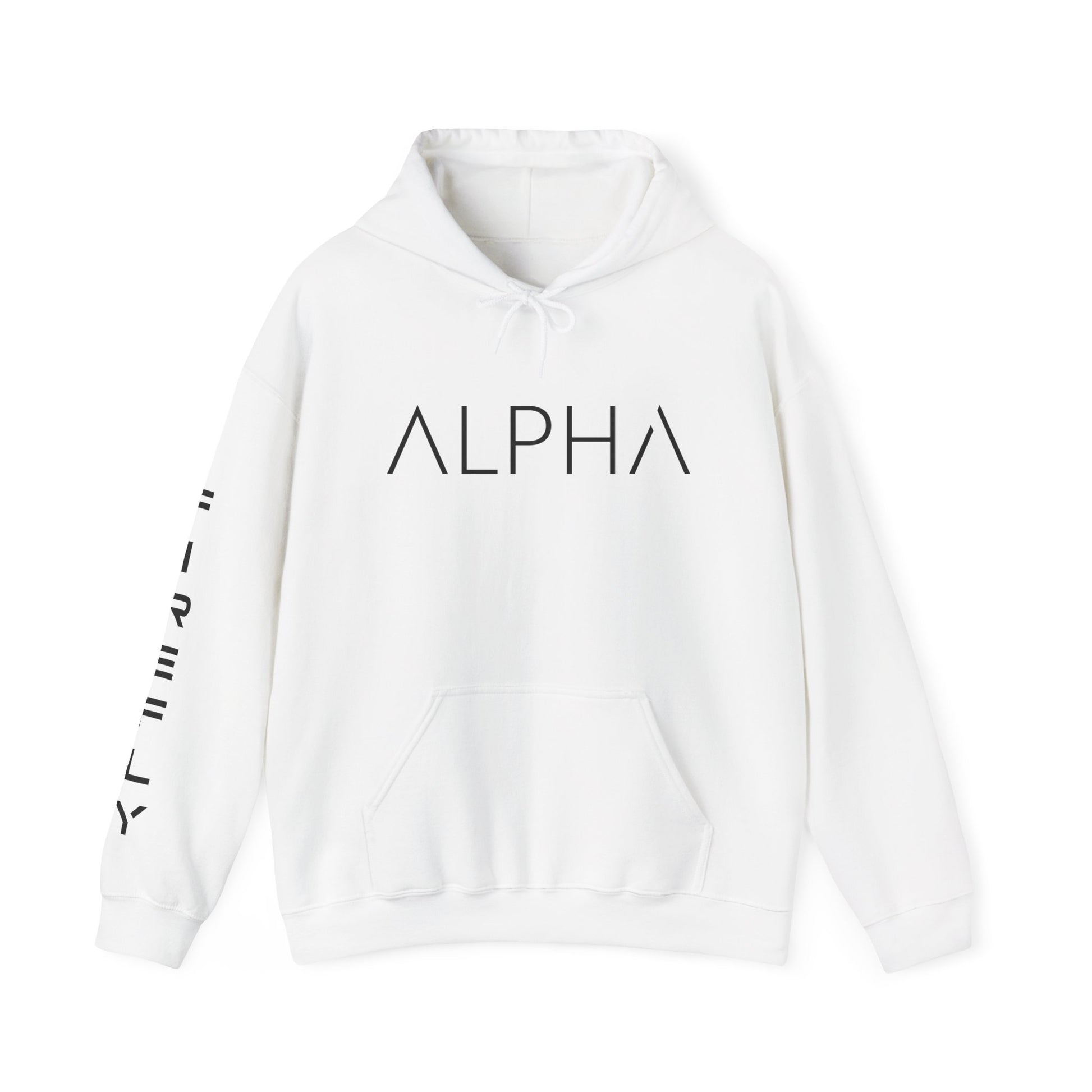 A white pullover hoodie with 'ALPHA' printed in black geometric letters across the chest and additional black text printed vertically down the right sleeve, shown on a plain white background.