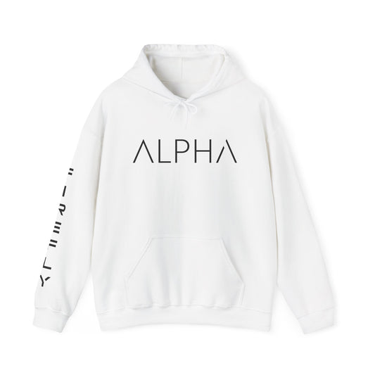 A white pullover hoodie with 'ALPHA' printed in black geometric letters across the chest and additional black text printed vertically down the right sleeve, shown on a plain white background.