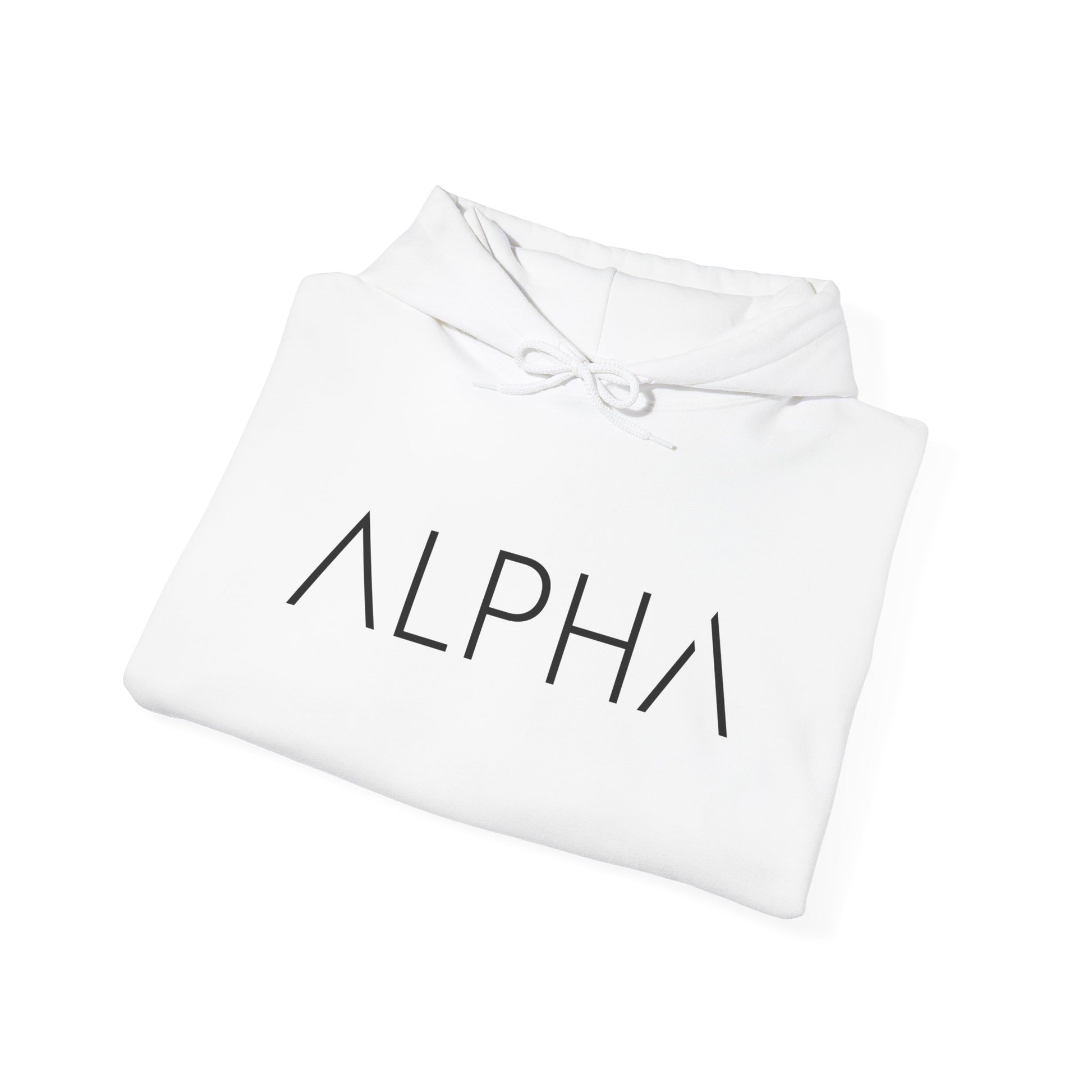 A folded white hoodie with the word 'ALPHA' printed in a black geometric sans-serif font across the chest, displayed on a clean white background.
