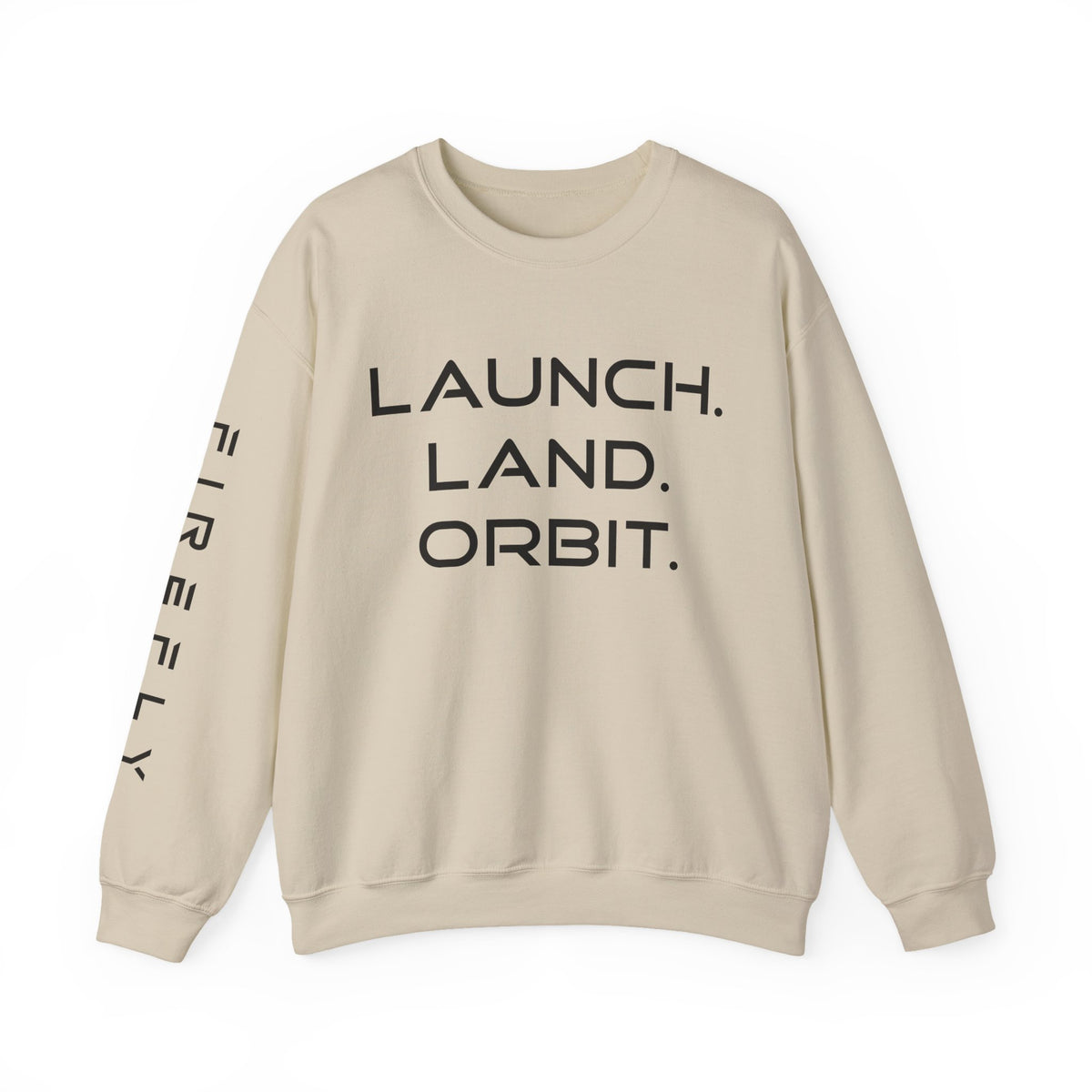 A beige crewneck sweatshirt with 'LAUNCH. LAND.