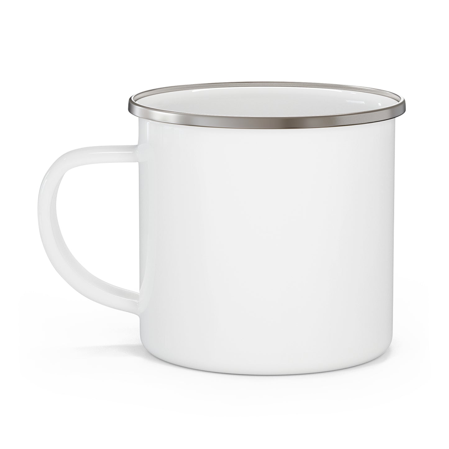 White enamel mug with silver rim on a white background