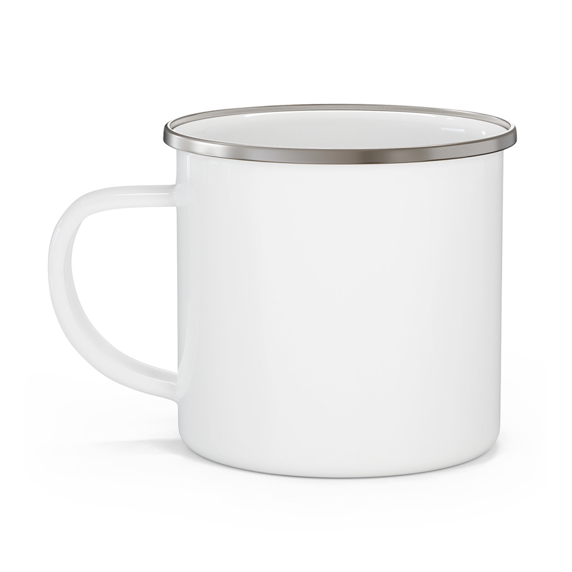 White enamel mug with silver rim on a white background