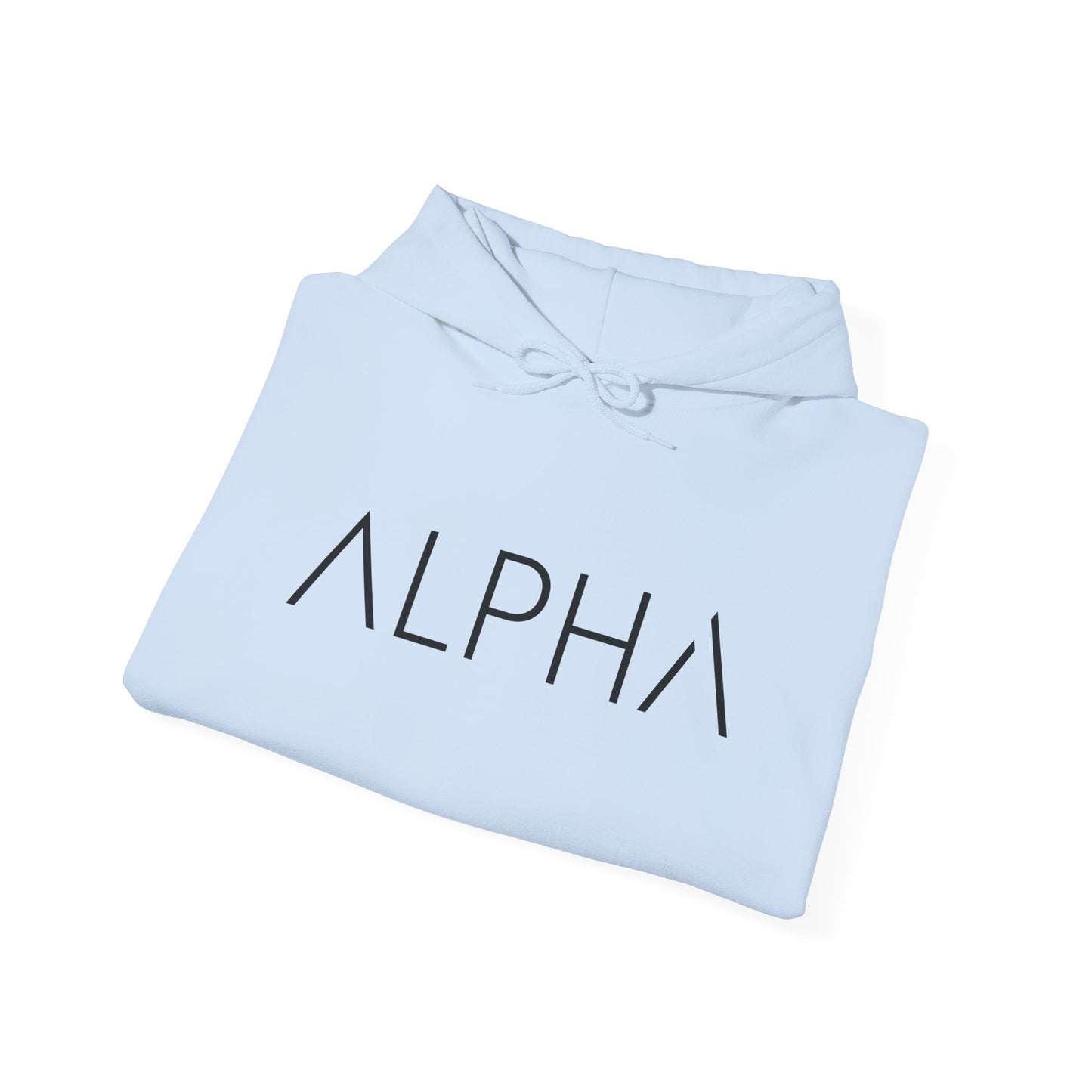 A folded light blue hoodie with the word 'ALPHA' printed in black across the chest, shown on a plain white background.