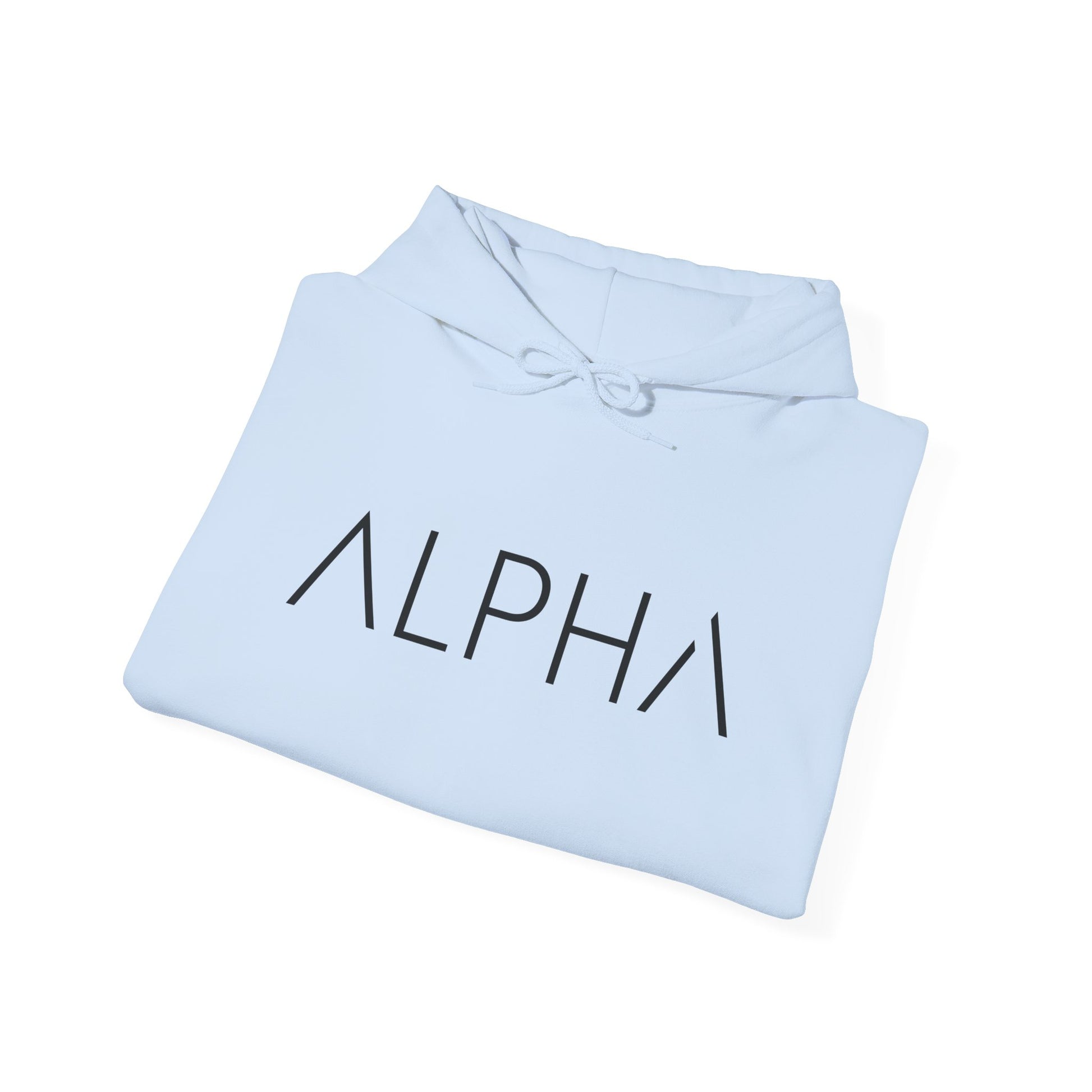 A folded light blue hoodie with the word 'ALPHA' printed in black across the chest, shown on a plain white background.