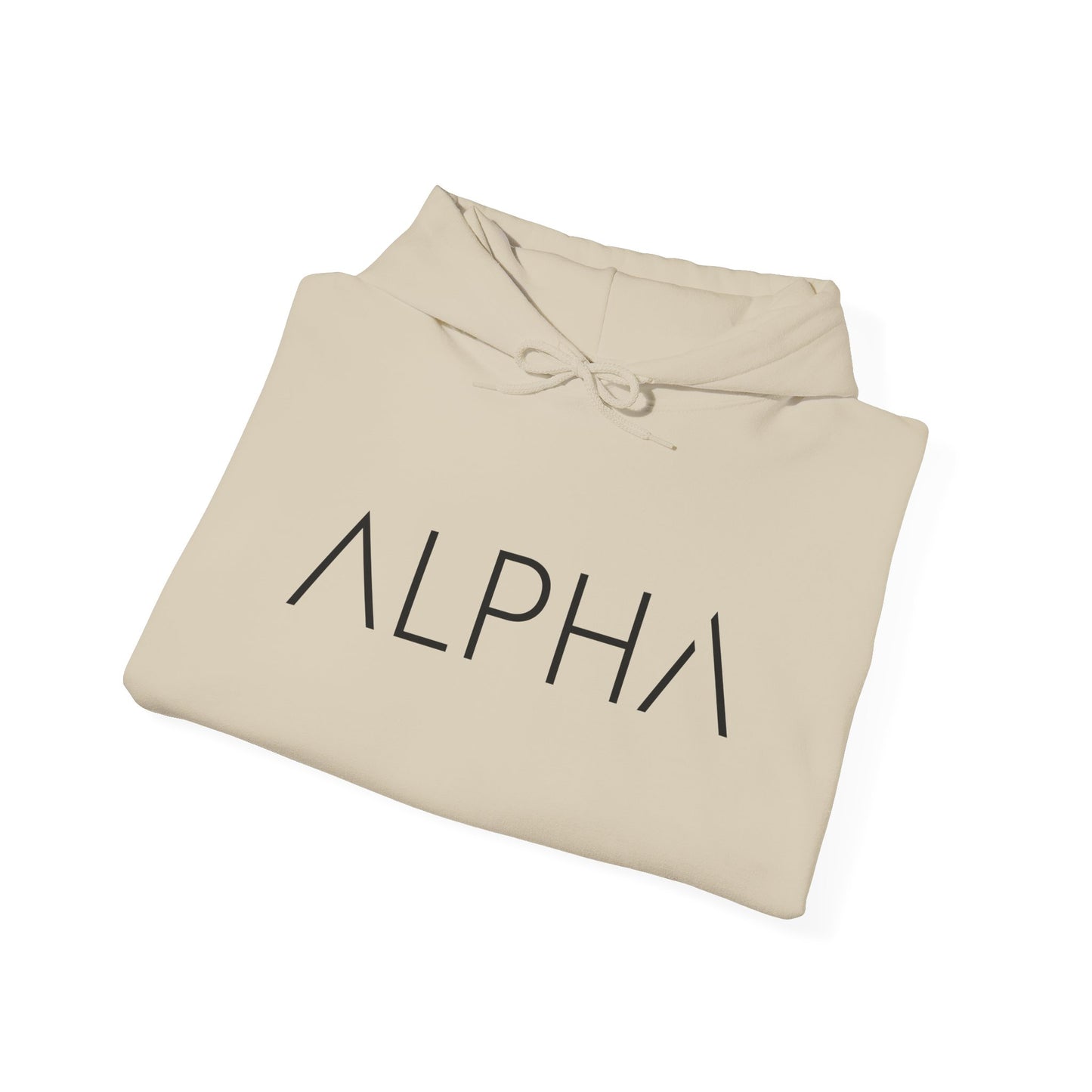 A folded beige hoodie with the word 'ALPHA' printed in black across the chest, shown on a clean white background.