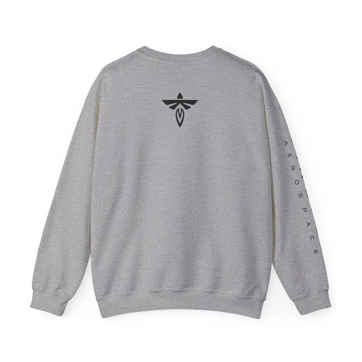 A heather gray crewneck sweatshirt shown from the back, featuring a black winged emblem centered on the upper back and vertical black text printed down one sleeve.