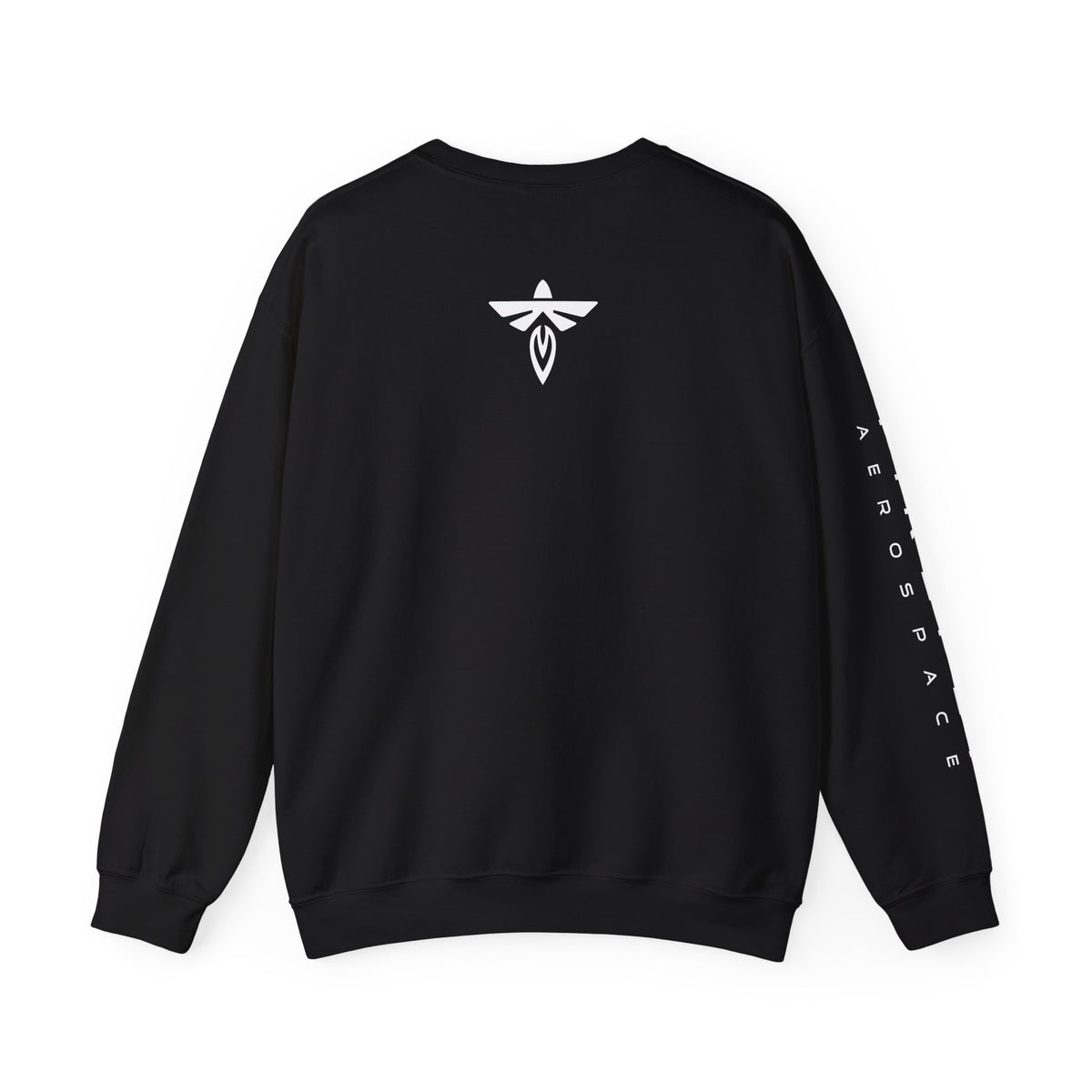 A black long-sleeve crewneck sweatshirt shown from the back, featuring a white stylized emblem centered on the upper back and vertical white text printed down one sleeve, set against a plain white background.