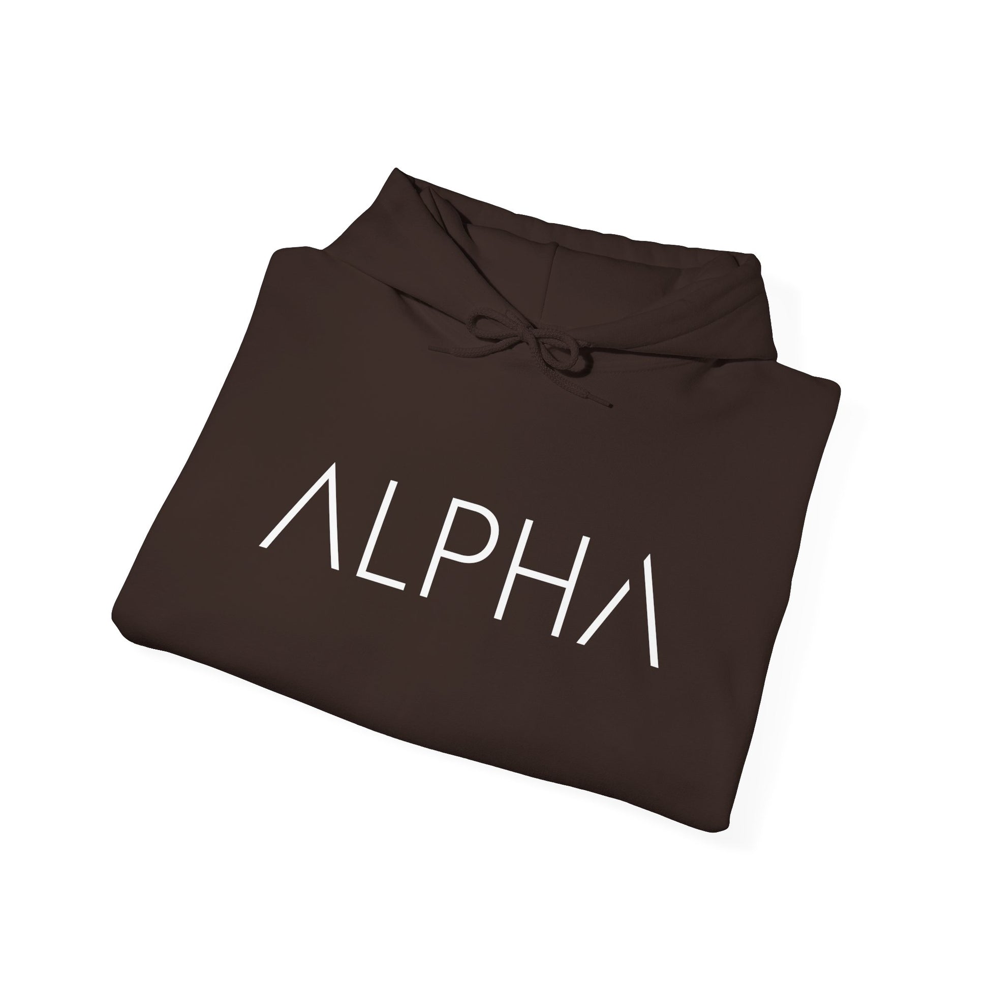 Brown hoodie with white text on a white background