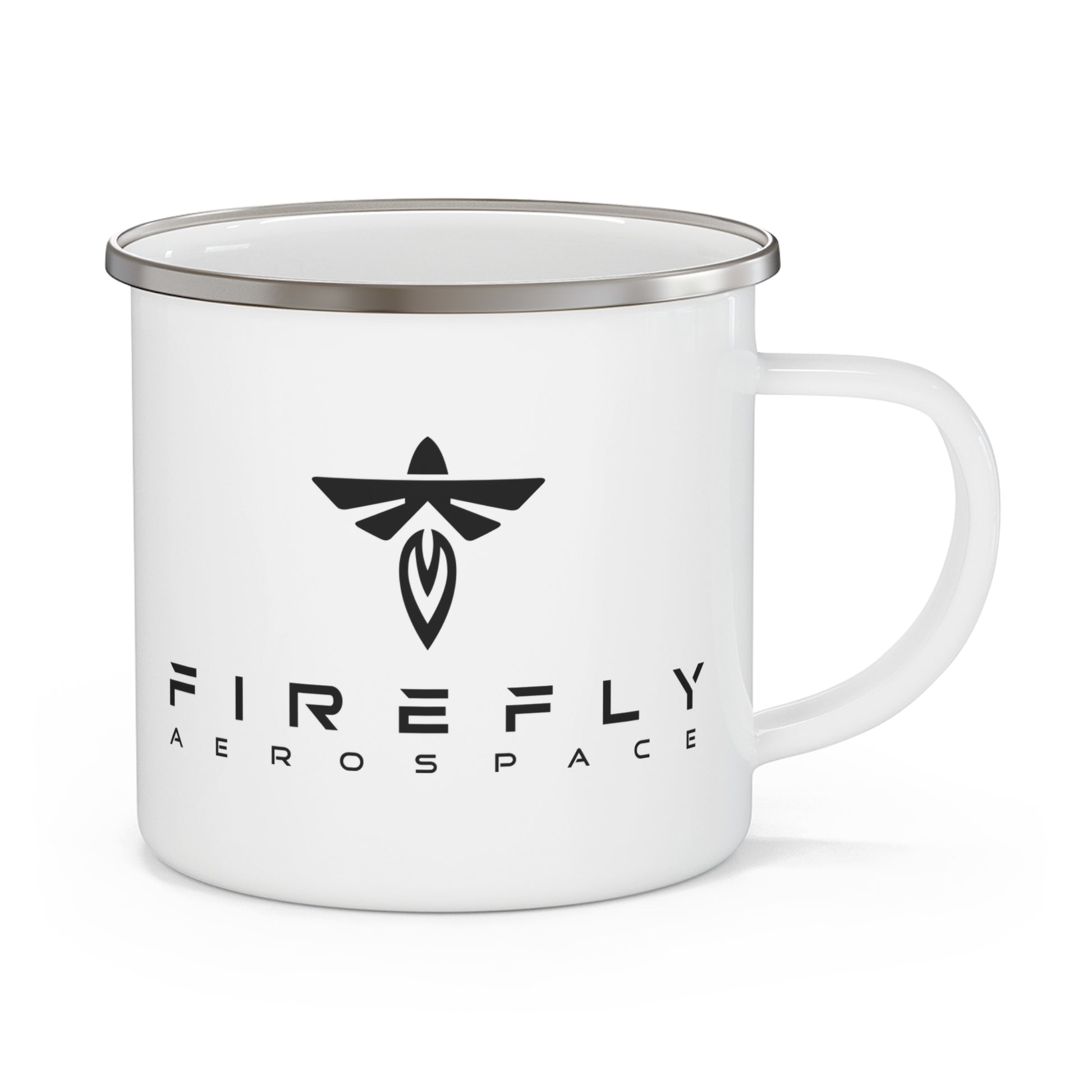 A white enamel-style mug with a silver rim, featuring the black Firefly Aerospace logo and text on the front, set against a plain white background.