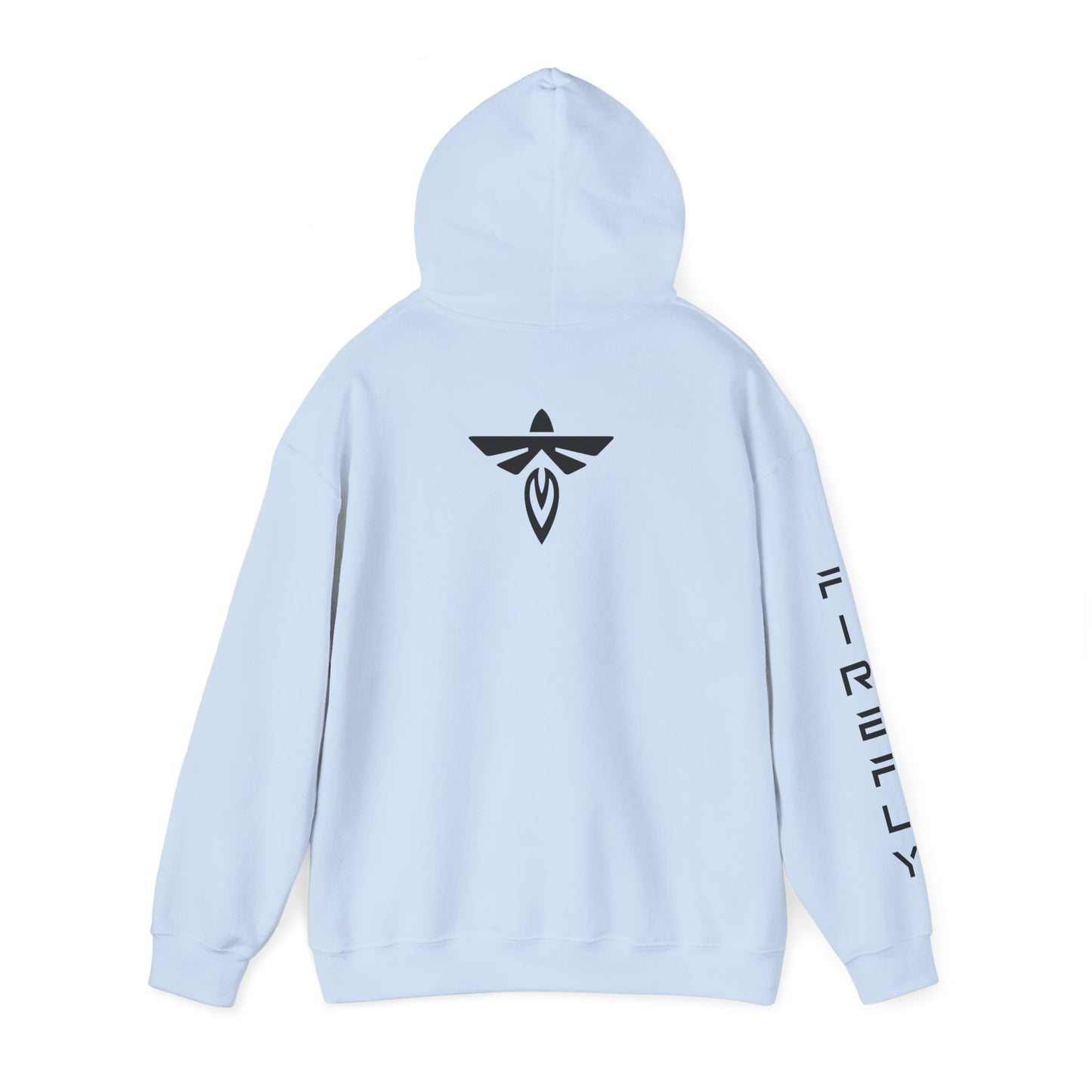 A light blue hoodie shown from the back, featuring a black stylized logo centered on the back and vertical black text printed down one sleeve, displayed on a clean white background.