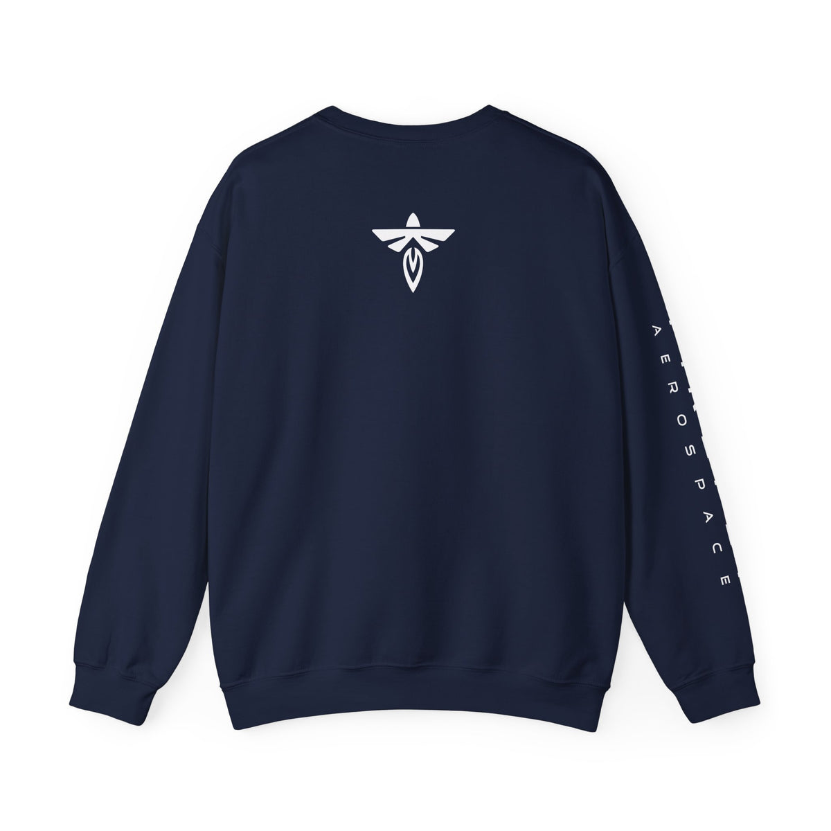 A navy blue crewneck sweatshirt shown from the back, featuring a white stylized emblem on the upper back and vertical white text reading 'AEROSPACE' down the right sleeve, displayed on a clean white background.