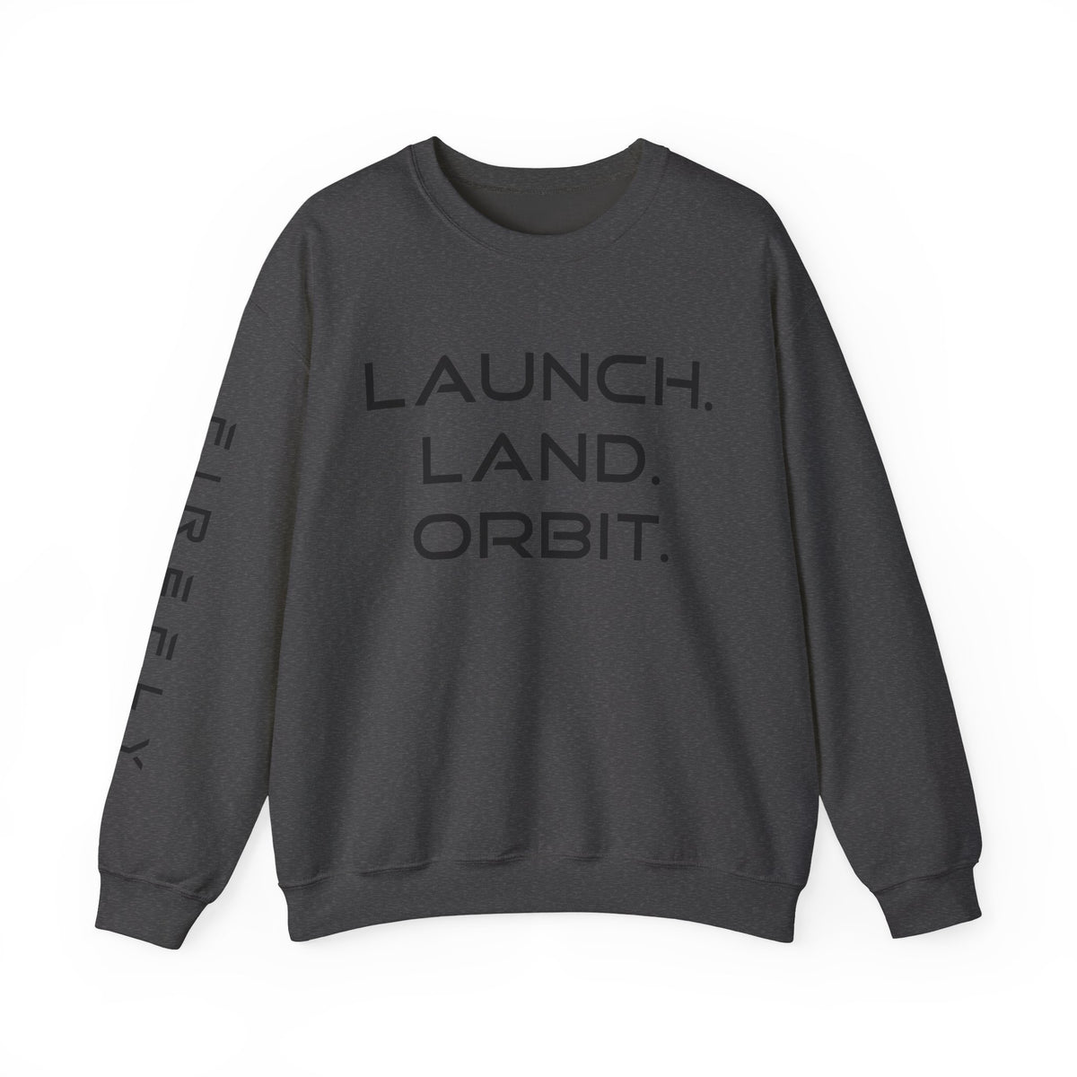 Navy blue sweatshirt with orange and yellow text on a white background