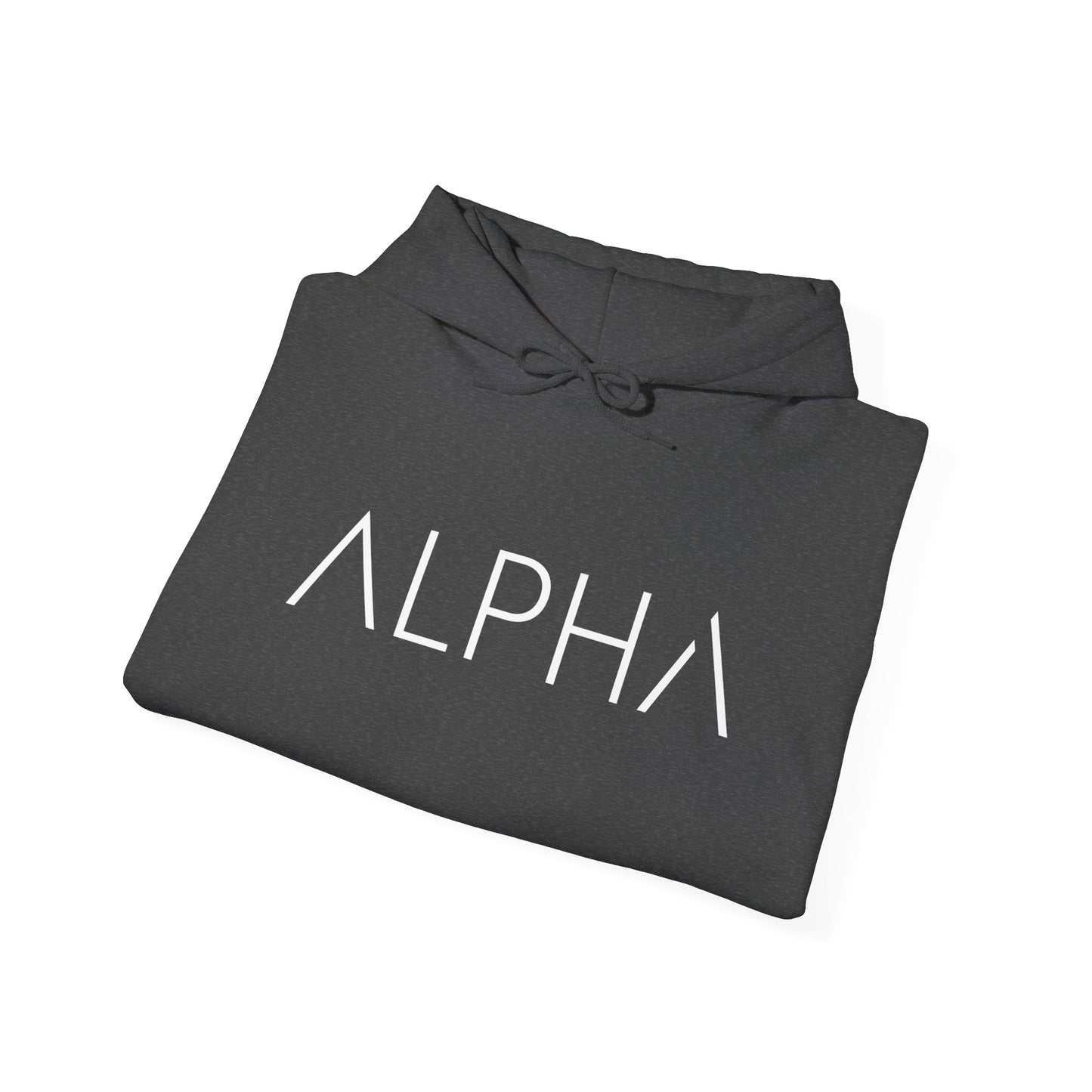 Folded Grey hoodie with white text on a white background