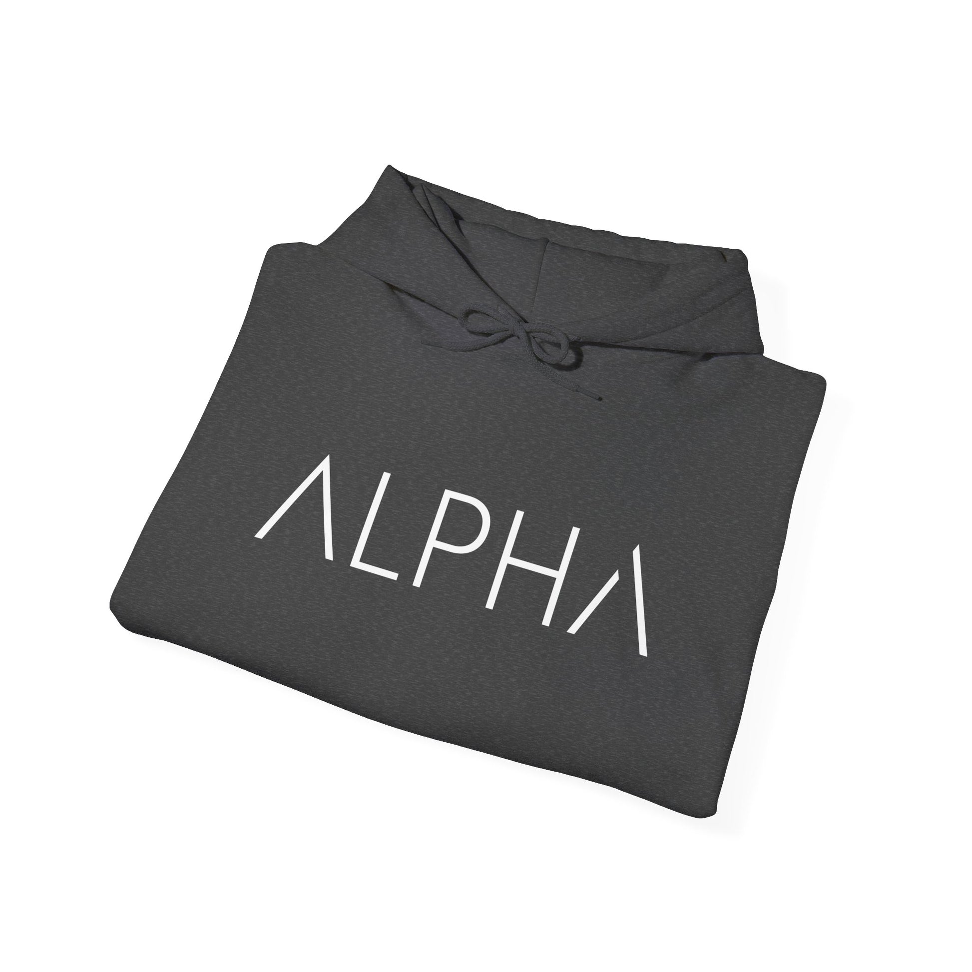 Folded Grey hoodie with white text on a white background