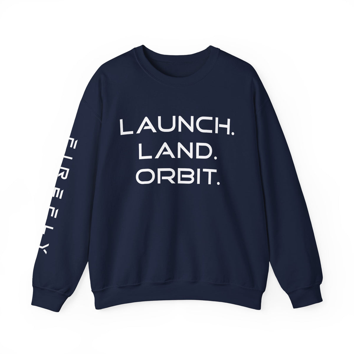 Navy blue sweatshirt with a cat graphic and text on a white background