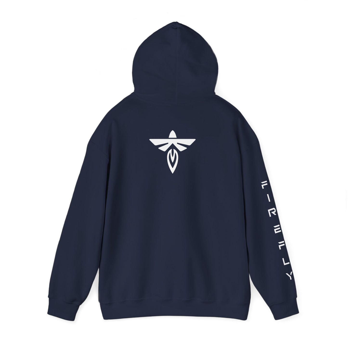 Navy hoodie with 'FOCUS' and 'SPORTSWEAR' text on the back against a white background