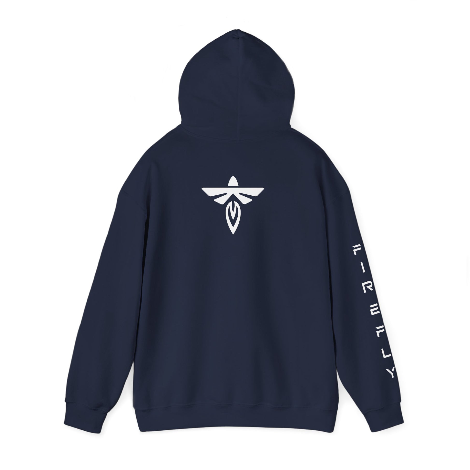Navy hoodie with 'FOCUS' and 'SPORTSWEAR' text on the back against a white background