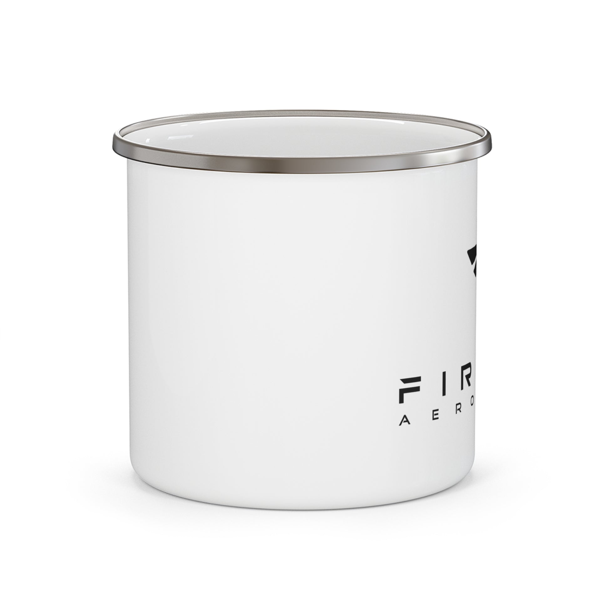 A white enamel camp mug with a brushed silver metal rim, featuring the partial black text 'FIRE AER.