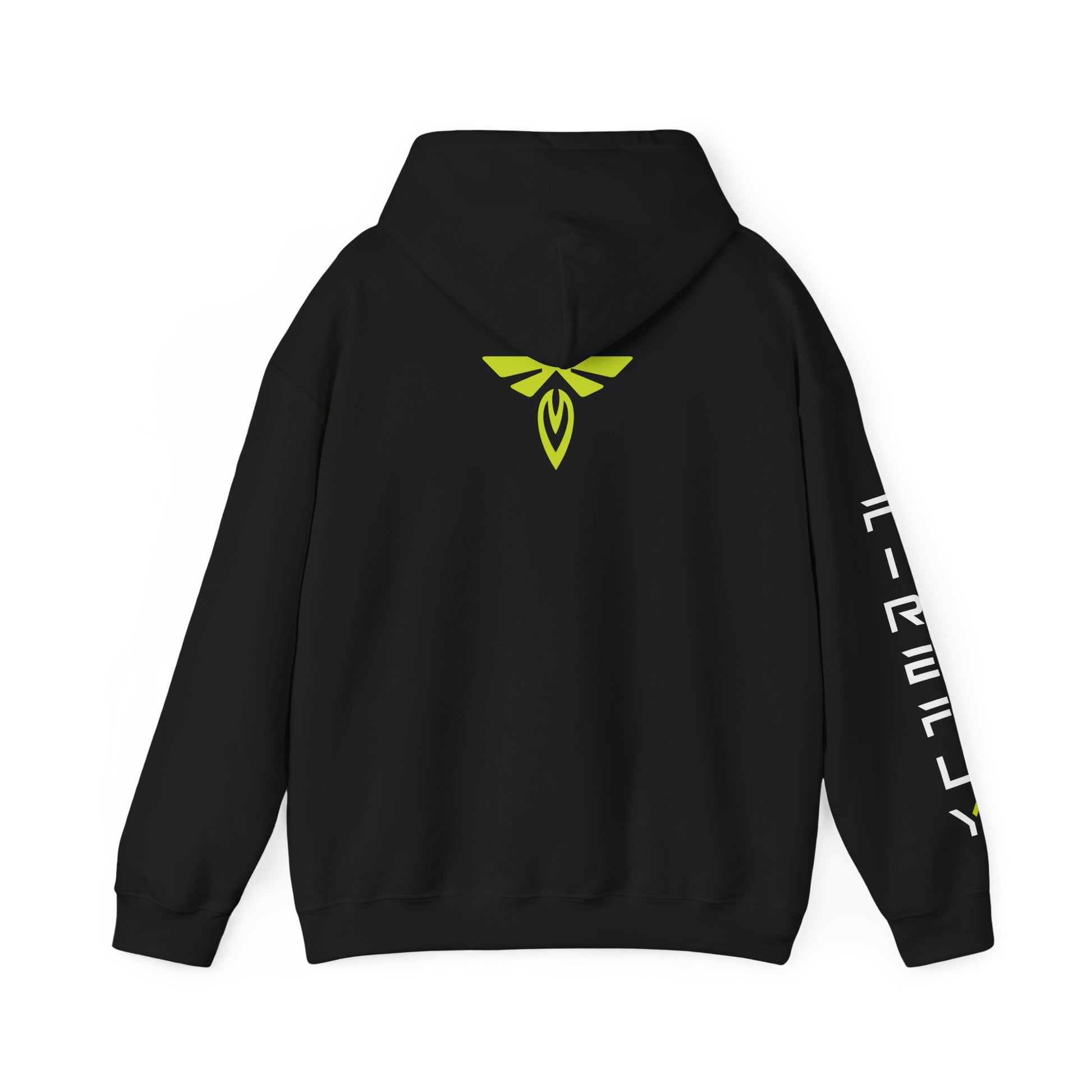 Black hoodie with pink text on sleeve against a white background