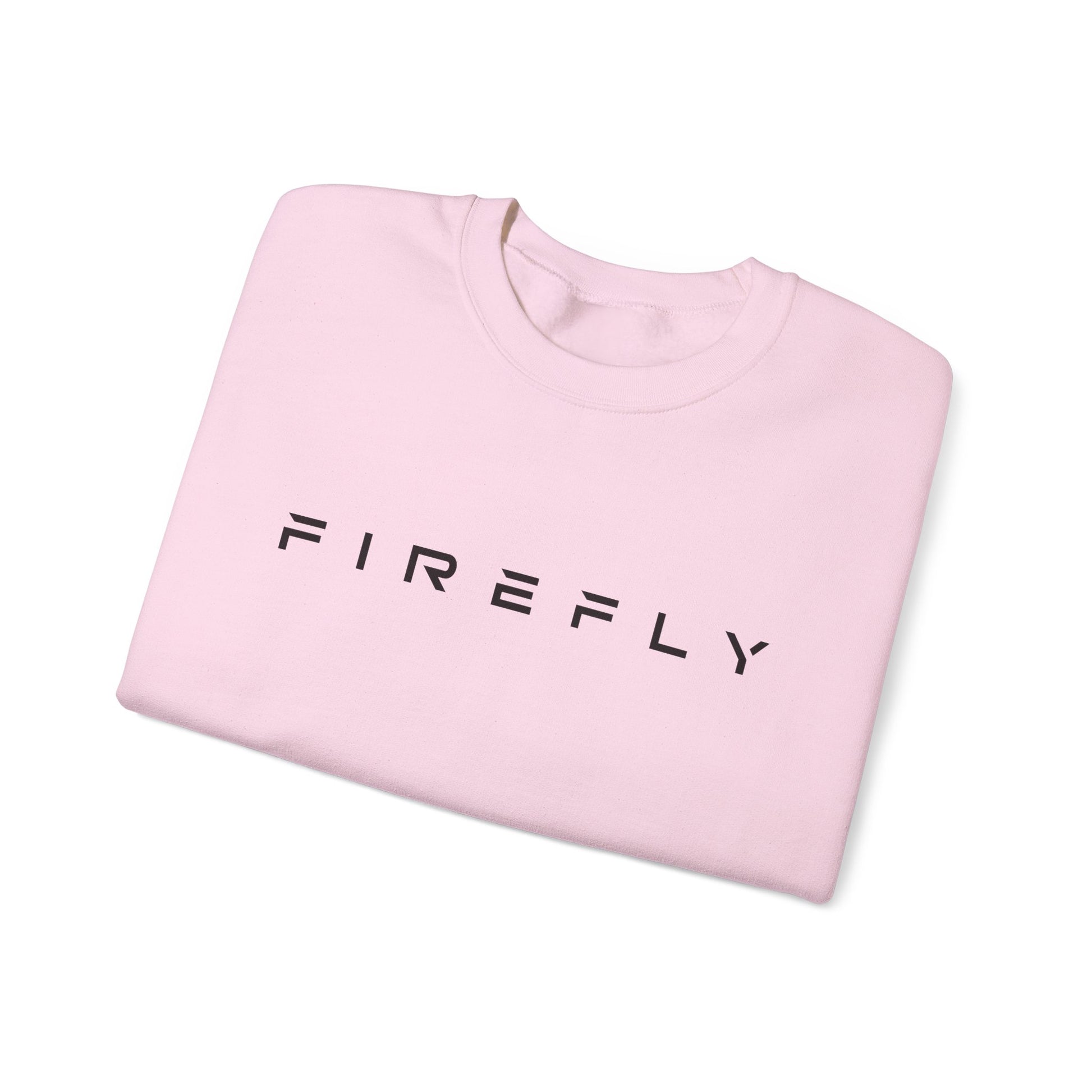 A folded light pink crewneck sweatshirt with the word 'FIREFLY' printed in black sans-serif letters across the chest, displayed on a clean white background.