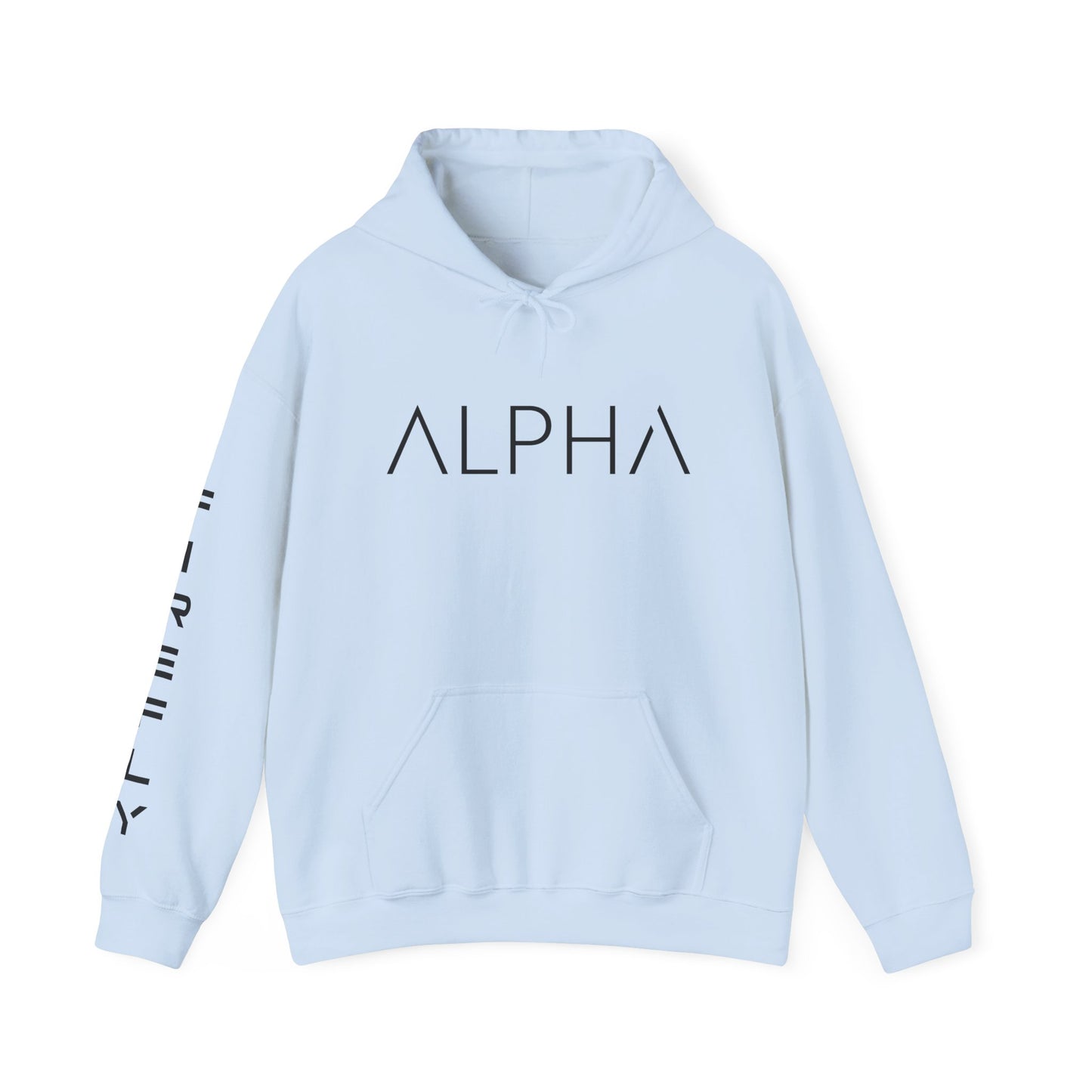 A light blue pullover hoodie with 'ALPHA' printed in black across the chest and black text down the right sleeve, shown on a plain white background.