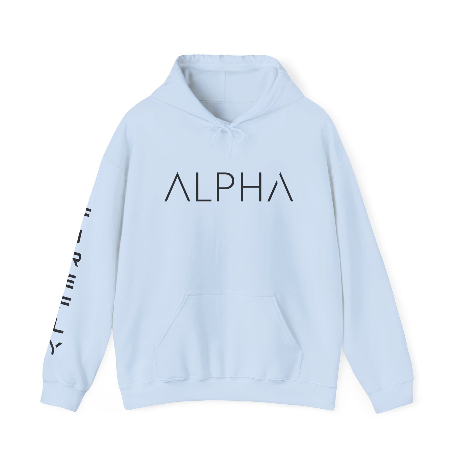 A light blue pullover hoodie with 'ALPHA' printed in black across the chest and black text down the right sleeve, shown on a plain white background.