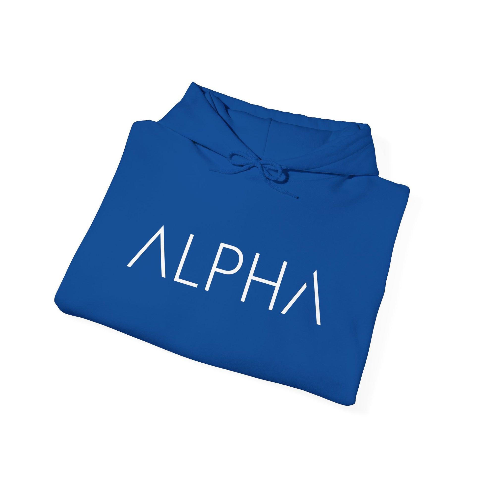 Folded blue hoodie with white text on a white background