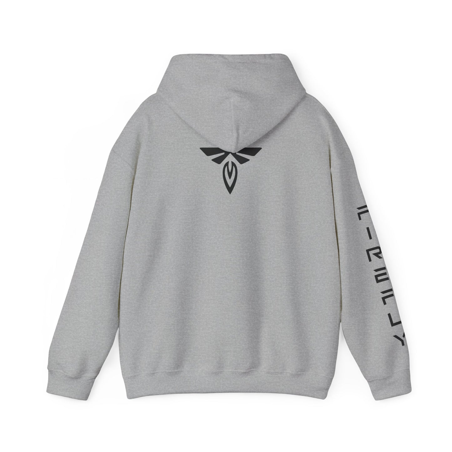 Gray hoodie with patches on the sleeves on a white background